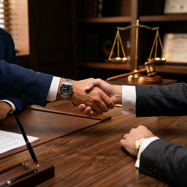 Brazos estrechando manos en oficina legal